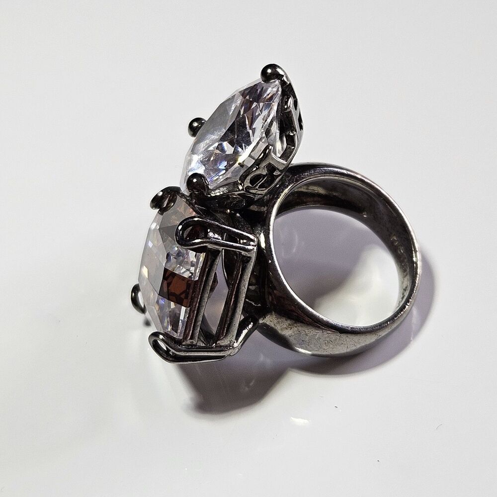 Henri Bendel Triple Crystal Cocktail Statement Bling Ring Size 7 - Picture 11 of 14
